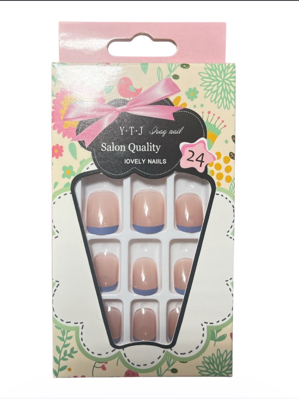New Rounded Square Press-On Nails - Light Pink with Blue Tip (24pcs)